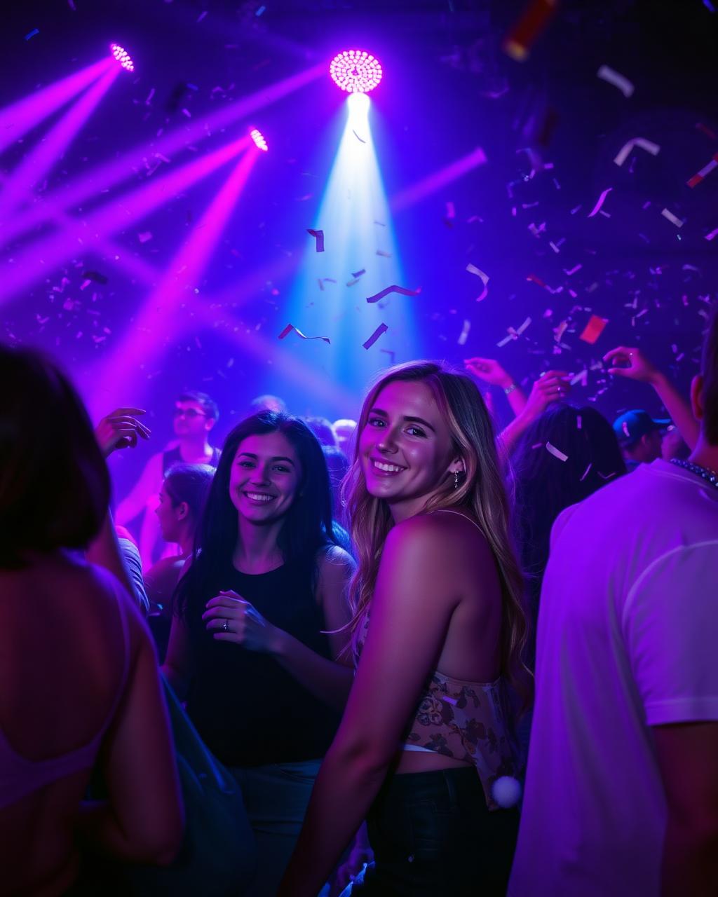 Jeunes dansant en soirée sous des lumières violettes et des confettis