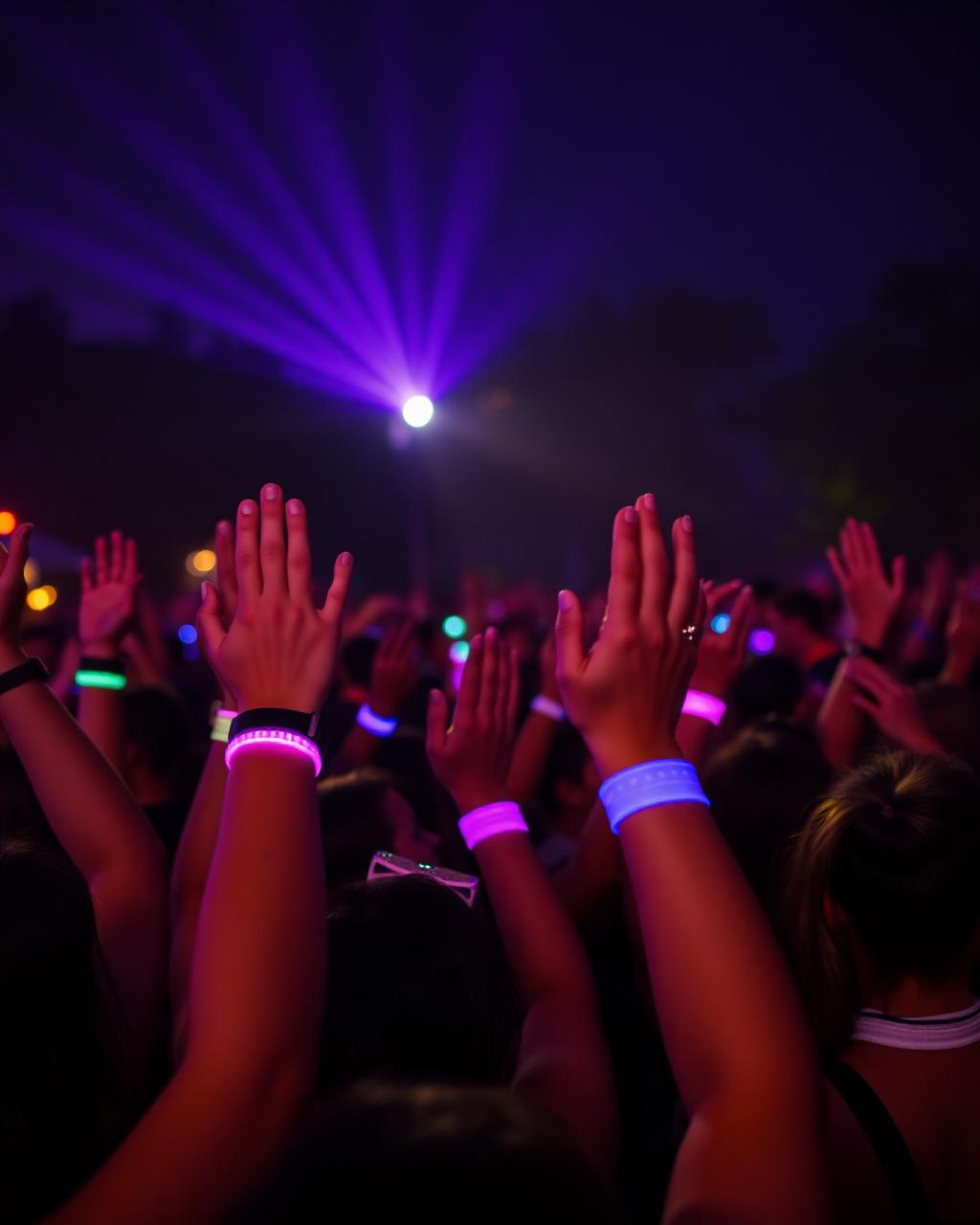 Foule de jeunes en festival de nuit, mains levées et bracelets lumineux