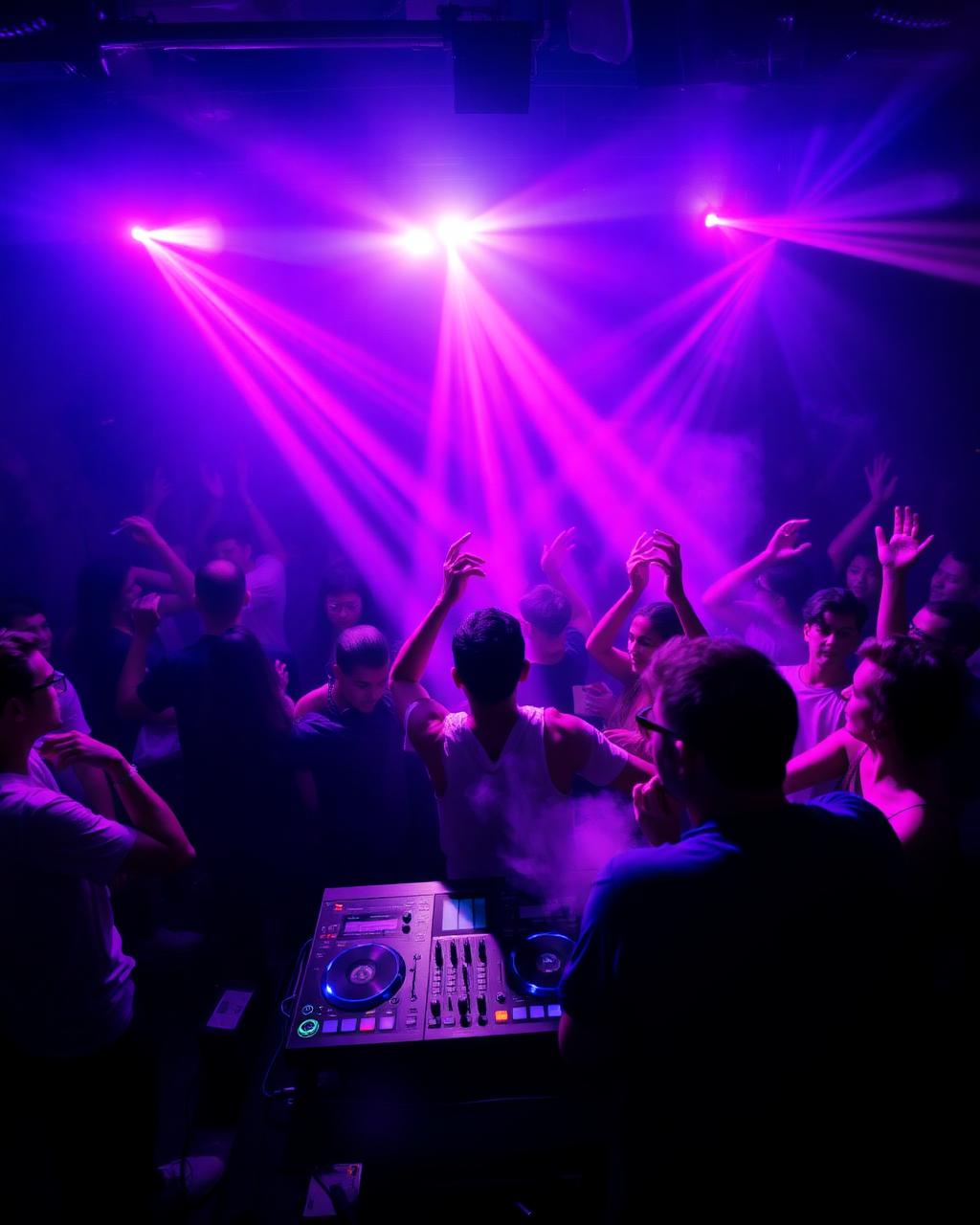 DJ set en club avec une foule dansante sous des faisceaux violets